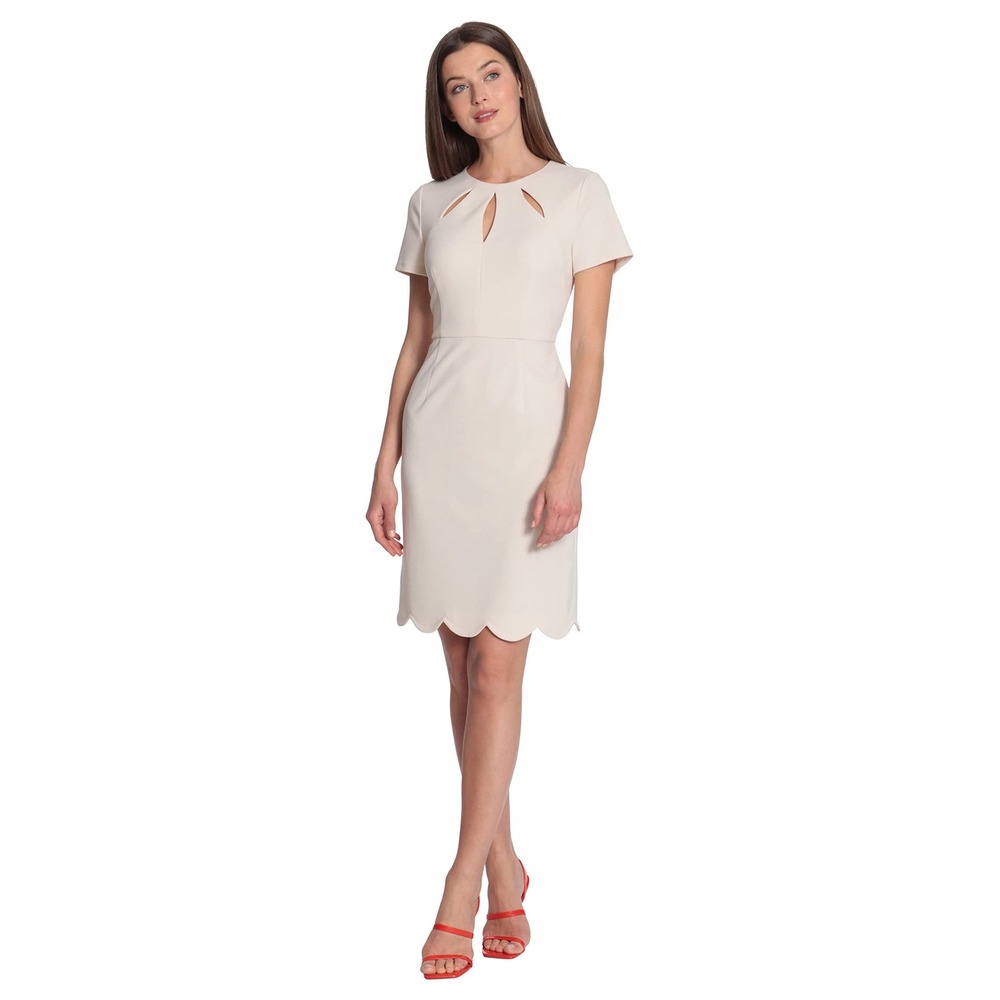 Maggy London Keyhole Neck Scuba Crepe Sheath Dress‎ Size 10 Beige Scallop Hem